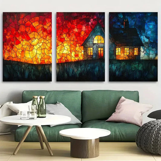 3pcs Vibrant Stained Glass Cottage On Fire Metal Print Ready to Hang Art