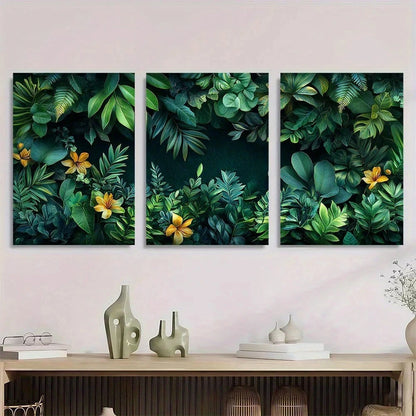3pcs Vibrant Tropical Leaf & Flower Dark Green Metal Print Ready to Hang Art