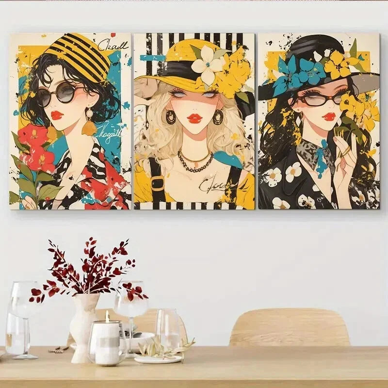 3pcs Women with Hats & Glasses Vibrant Perfect Wall Art Set Canvas Framed 50x70cm - High Quality Print 100% Australian Made Wall Canvas Ready to Hang