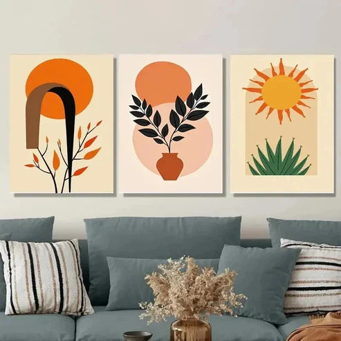 3pcs Boho Style Modern Abstract Sun Wall Art Set Canvas Unframed - High Quality Print 100% Australian Made Wall Canvas