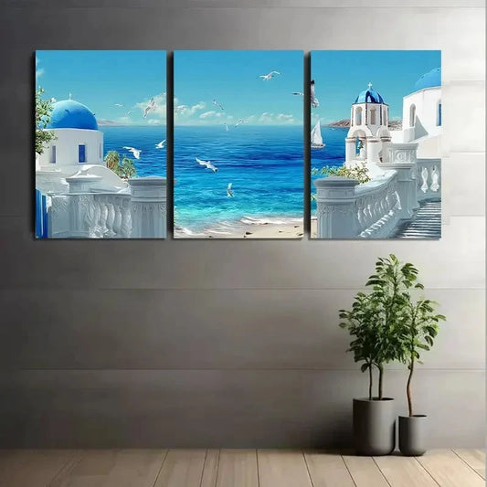 3pcs White & Blue Mediterranean Sea View Metal Print Ready to Hang Art