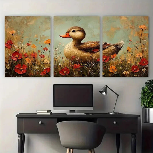 3pcs Vintage Mother Duck Meadow Cottagecore Metal Print Ready to Hang Art