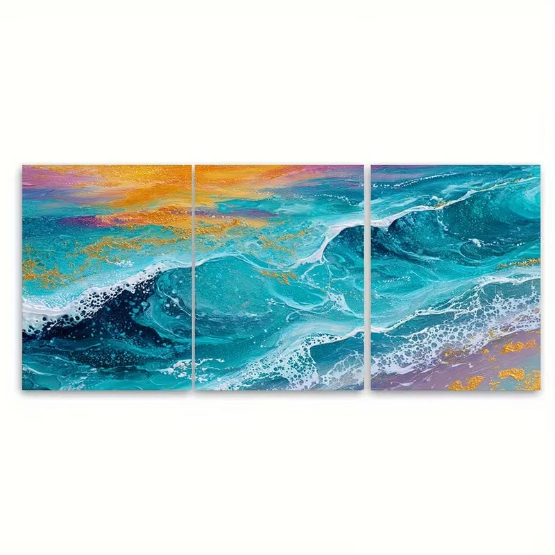 3pcs Golden sunset Texture, Sunset ocean Metal Print Ready to Hang Art