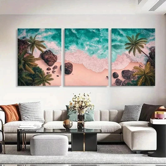 3pcs Palm Trees and Turquoise Ocean Perfect Wall Art Set Canvas Framed 40x60cm - High Quality Print 100% Australian Made Wall Canvas Ready to Hang