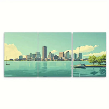 3pcs Boston Skyline Travel Poster Modern Eclectic Metal Print Ready to Hang Art