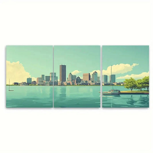 3pcs Boston Skyline Travel Poster Modern Eclectic Metal Print Ready to Hang Art