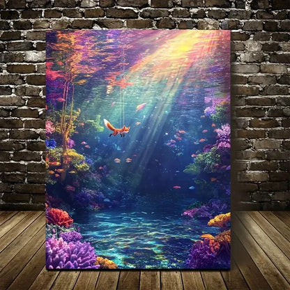 Fantasy Fox Swinging in Underwater Coral Painting 40x60cm Metal Print Ready to Hang