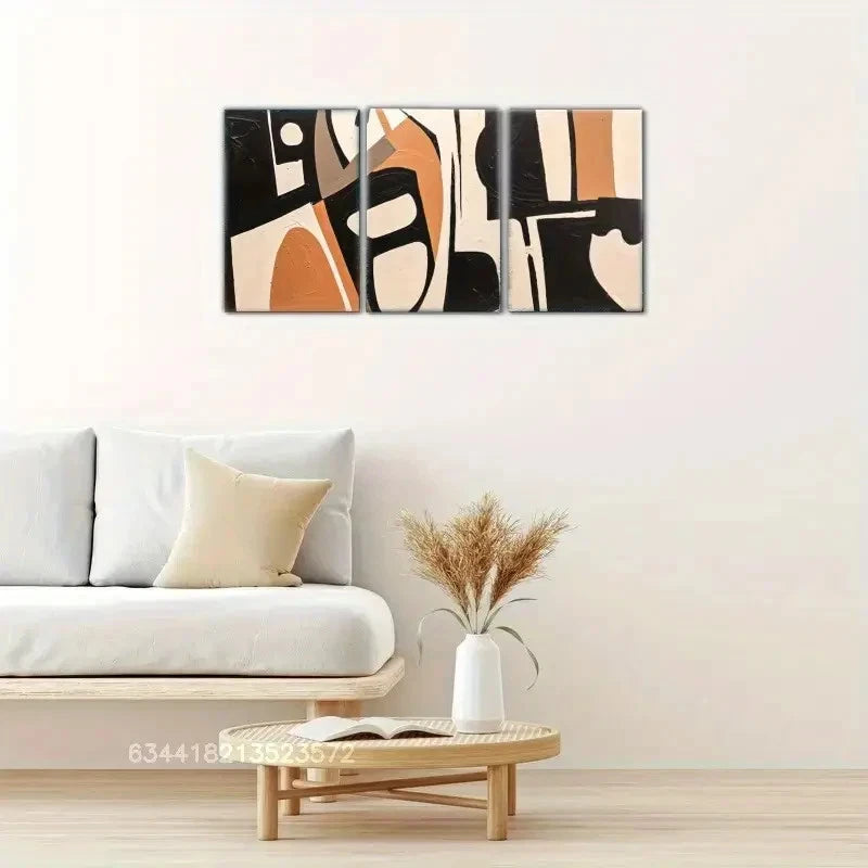 3pcs Elegant Black, Orange & White Abstract Metal Print Ready to Hang Art