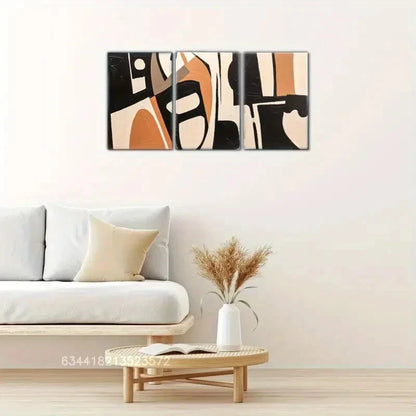 3pcs Elegant Black, Orange & White Abstract Metal Print Ready to Hang Art