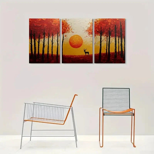 3pcs Autumn Forest Sunset Deer Metal Print Ready to Hang Art