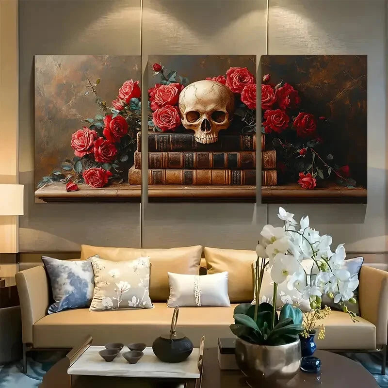 3pcs Vibrant Skull and Books Gothic with Roses Metal Print Ready to Hang Art