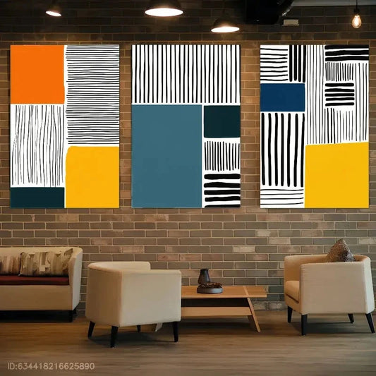 3pcs Color Blocks And Lines in Black Metal Print Ready to Hang Art