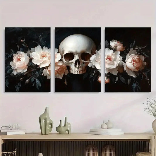 3pcs Gothic Skull and Bouquet Metal Print Ready to Hang Art