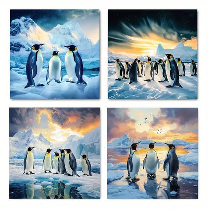 4pcs Penguin Family Wall Art Canvas Framed
