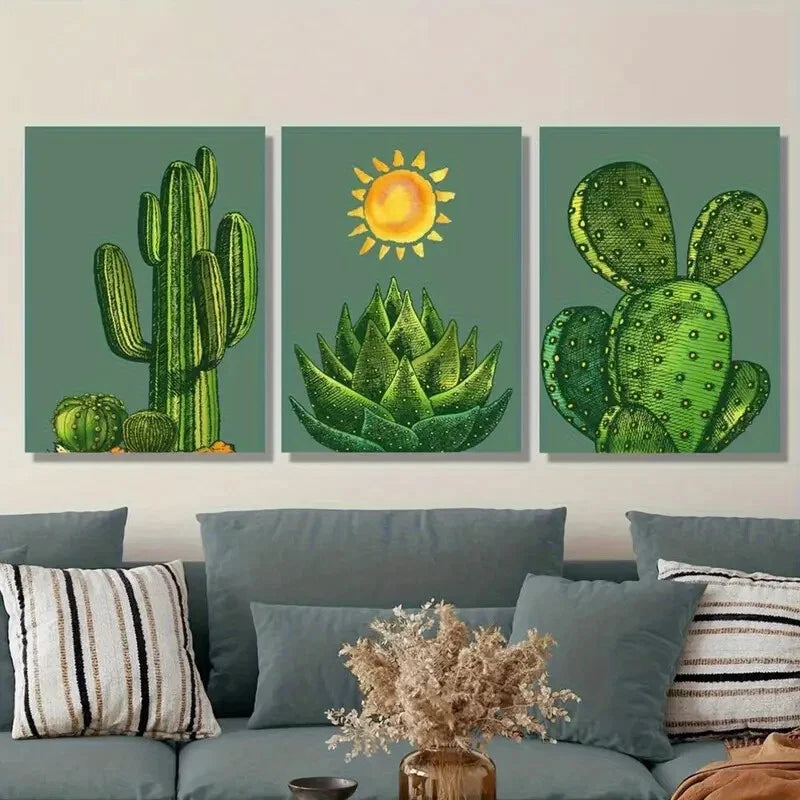 3pcs Green Saguaro & Prickly Pear Designs Metal Print Ready to Hang Art