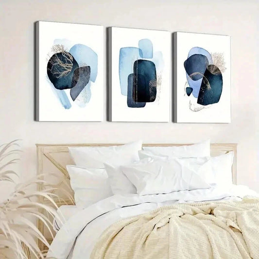 3pcs Black & Blue Abstract Geometric Shapes Wall Art Set Canvas Framed 40x60cm - High Quality Print 100% Australian Made Wall Canvas Ready to Hang