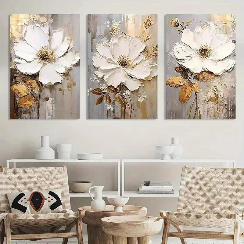 3pcs White Floral Oil Painting Metal Print Ready to Hang Art