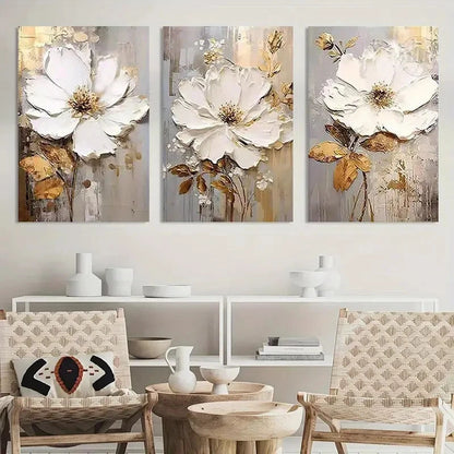 3pcs White Floral Oil Painting Metal Print Ready to Hang Art