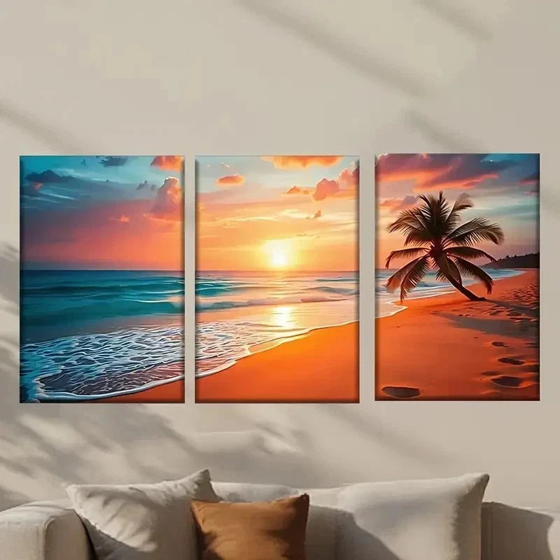 3pcs Beach with Palm Trees at Sunset Wall Art Set Canvas Framed 40x60cm - High Quality Print 100% Australian Made Wall Canvas Ready to Hang