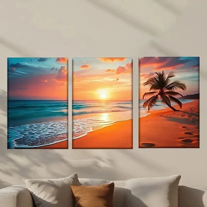 3pcs Beach with Palm Trees at Sunset Wall Art Set Canvas Framed 40x60cm - High Quality Print 100% Australian Made Wall Canvas Ready to Hang
