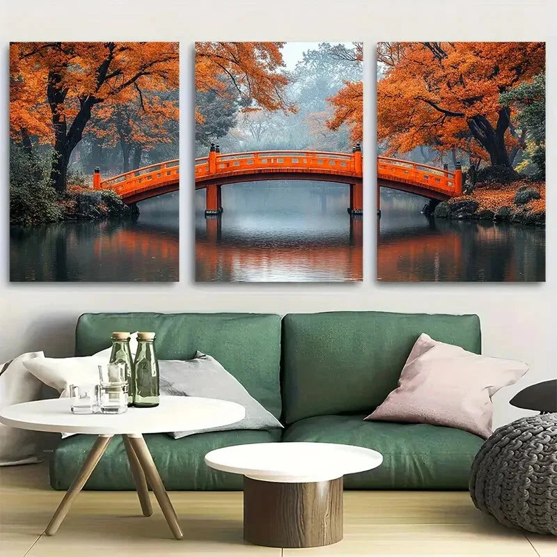 3pcs Japanese Bridge in Autumn Metal Print Ready to Hang Art