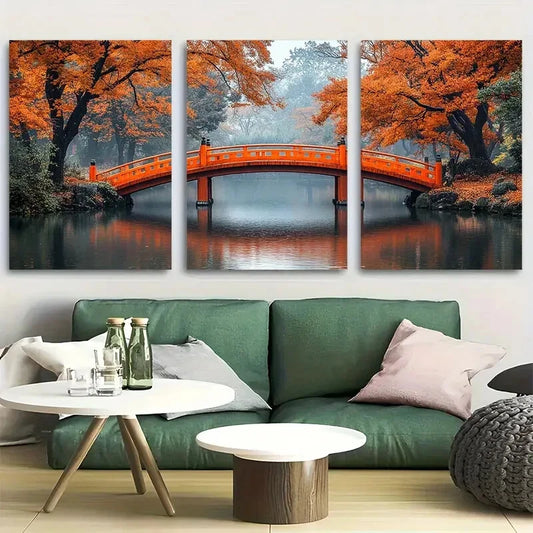3pcs Japanese Bridge in Autumn Metal Print Ready to Hang Art