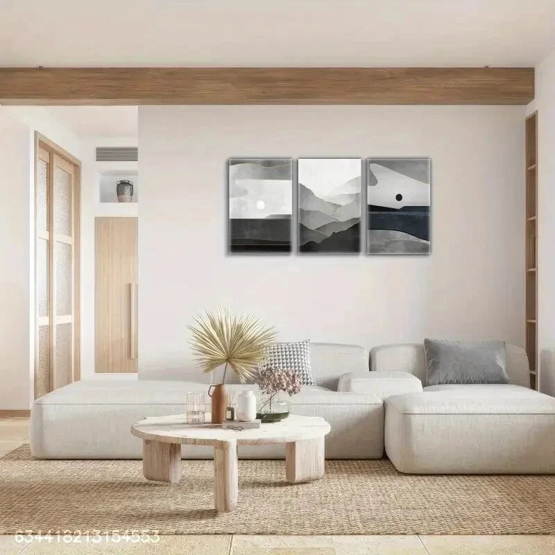 3pcs Black and White Poster with Golden Lines Metal Print Ready to Hang Art