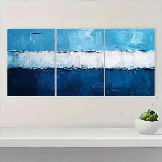 3pcs Blue and White Textured Abstract Metal Print Ready to Hang Art
