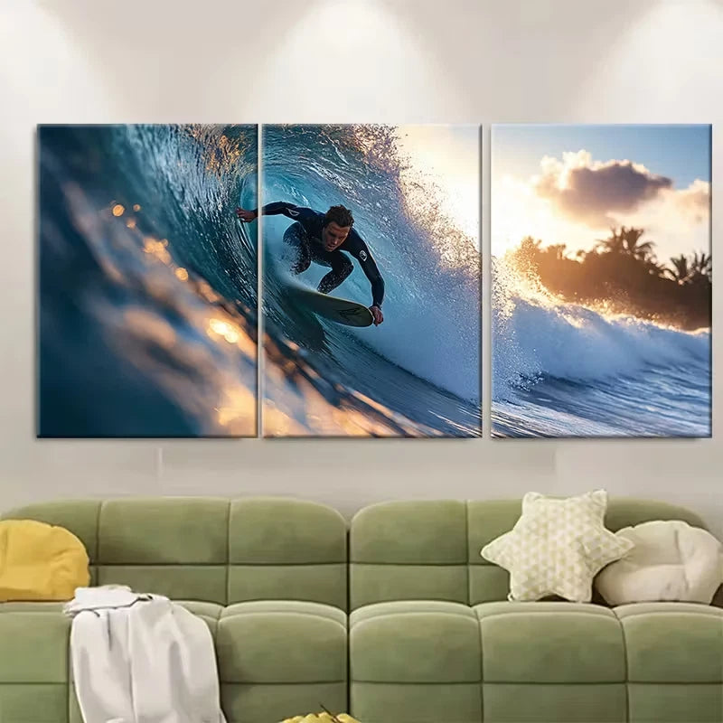 3pcs Surfing Ocean Wave In Sunlight Metal Print Ready to Hang Art