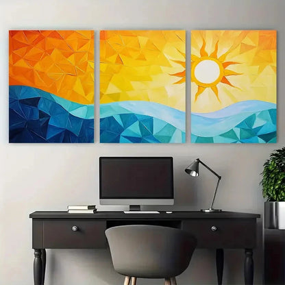 3pcs Abstract Geometric Sun and Sky Design Wall Art Set Canvas Framed 60x90cm - High Quality Print 100% Australian Made Wall Canvas Ready to Hang