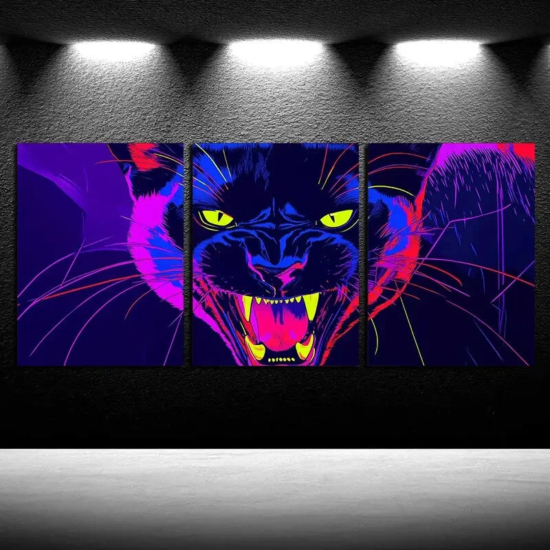 3pcs Vibrant Roaring Leopard Closeup Illustration Metal Print Ready to Hang Art