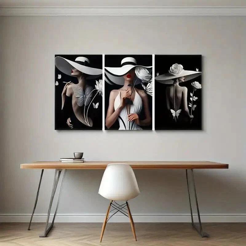3pcs three female minimalist art hat oil painting  Metal Print Ready to Hang Art
