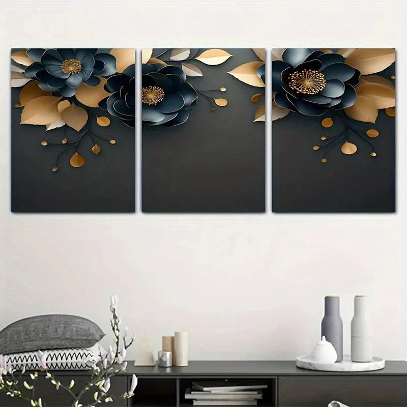 Three-panel wall art with floral design on a gray background, displayed above a console table.