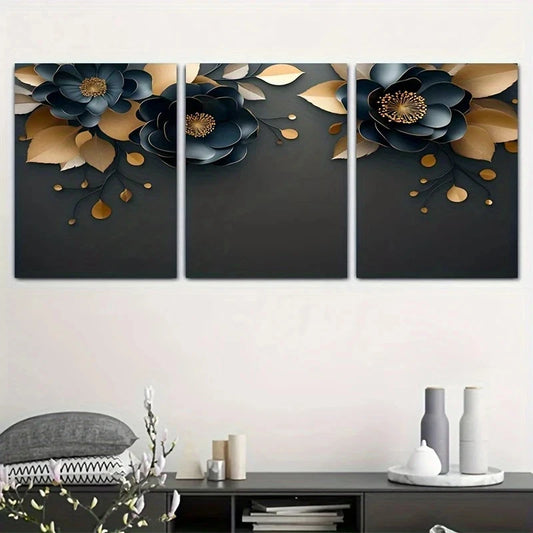 Three-panel wall art with floral design on a gray background, displayed above a console table.
