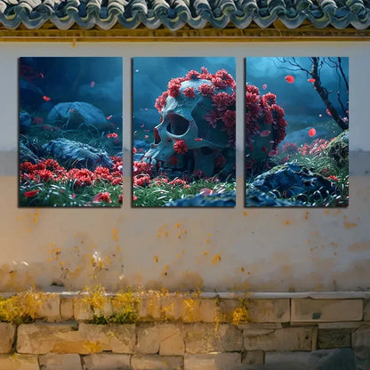 3pcs Vibrant Skeletons and Flowers on Ground Metal Print Ready to Hang Art