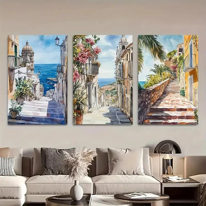 3pcs Scenic Sicily Streets Landscapes Metal Print Ready to Hang Art