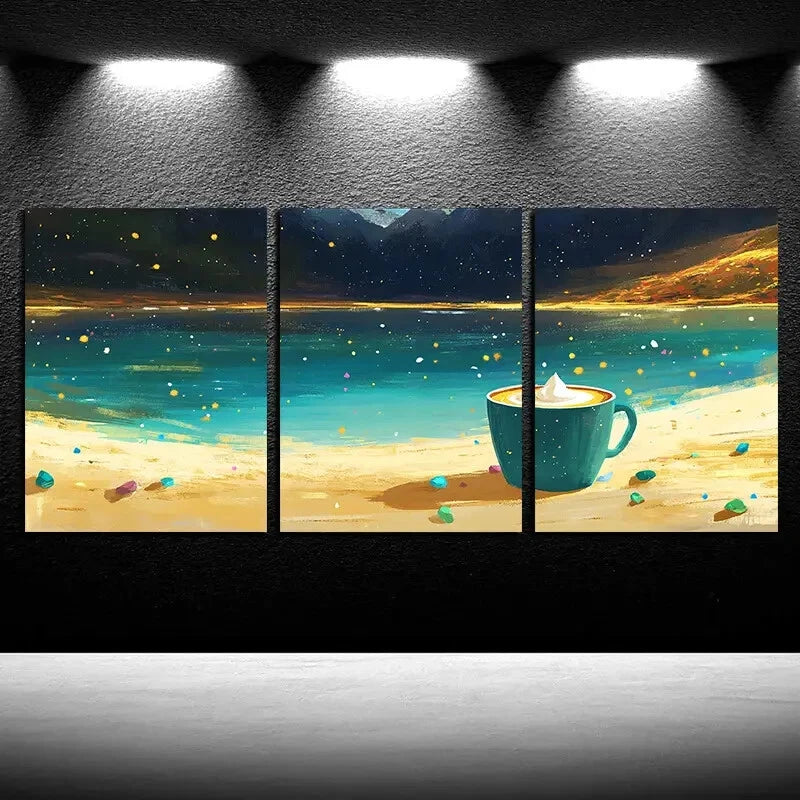 3pcs Serene Lake and Coffee Cup Metal Print Ready to Hang Art