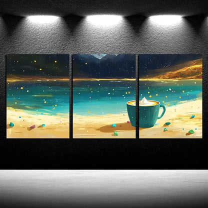 3pcs Serene Lake and Coffee Cup Metal Print Ready to Hang Art
