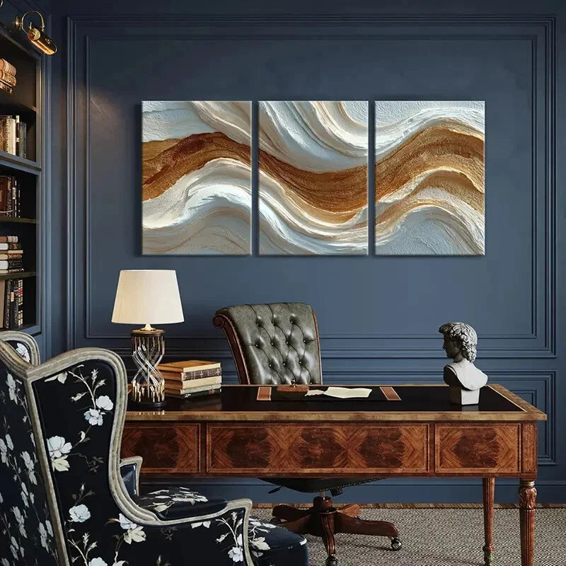 3pcs Abstract Wavy Lines Art Beige Brown White Metal Print Ready to Hang Art