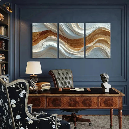 3pcs Abstract Wavy Lines Art Beige Brown White Metal Print Ready to Hang Art