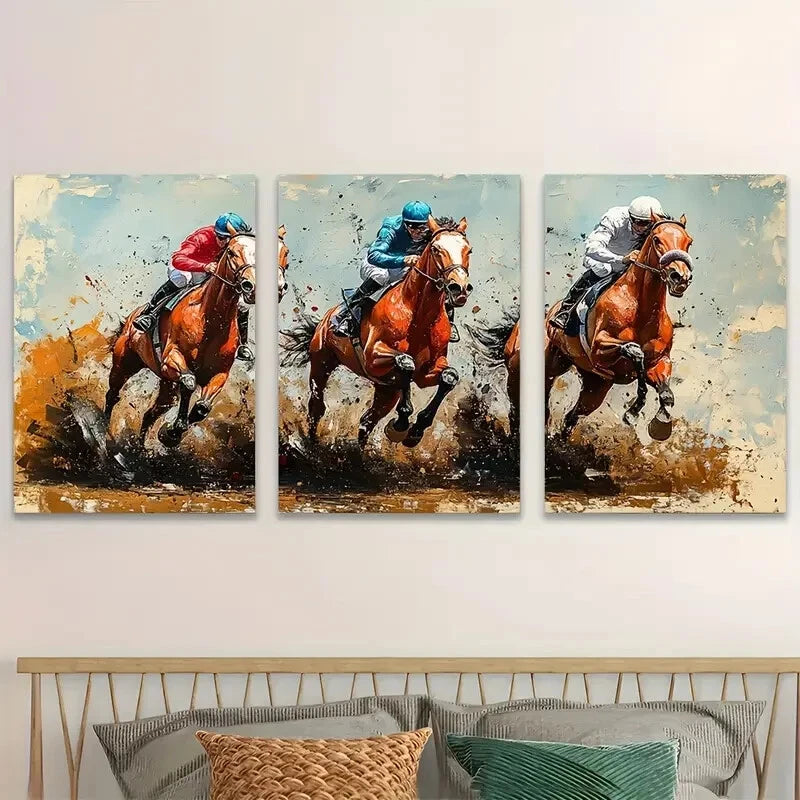 3pcs Vibrant Horse Racing Dynamic Horse Metal Print Ready to Hang Art