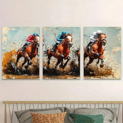 3pcs Vibrant Horse Racing Dynamic Horse Metal Print Ready to Hang Art