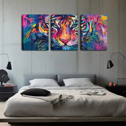 3pcs Vibrant Tiger Head Triptych Color Perfect Wall Art Set Canvas Framed 40x60cm - High Quality Print 100% Australian Made Wall Canvas Ready to Hang