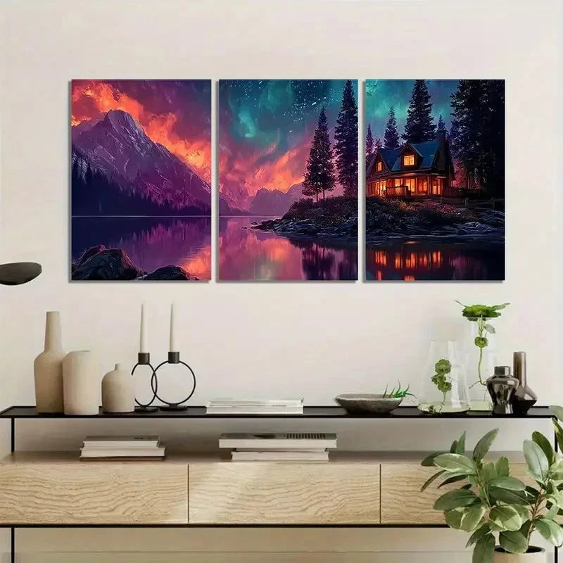3pcs Vibrant Oil-Style Cabin in The Woods Metal Print Ready to Hang Art