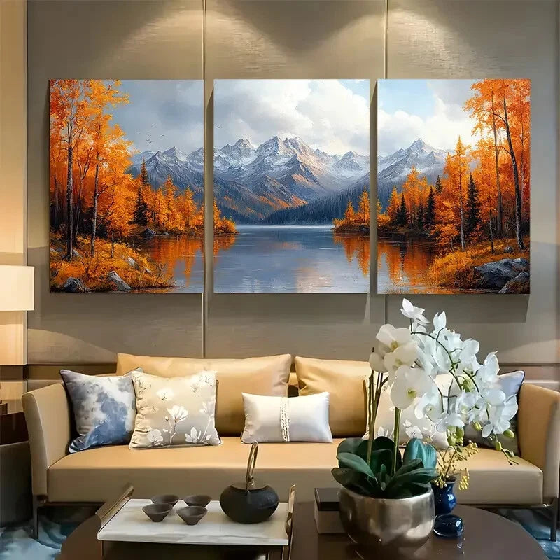 3pcs Fall Mountains Mountain Lake Design Metal Print Ready to Hang Art