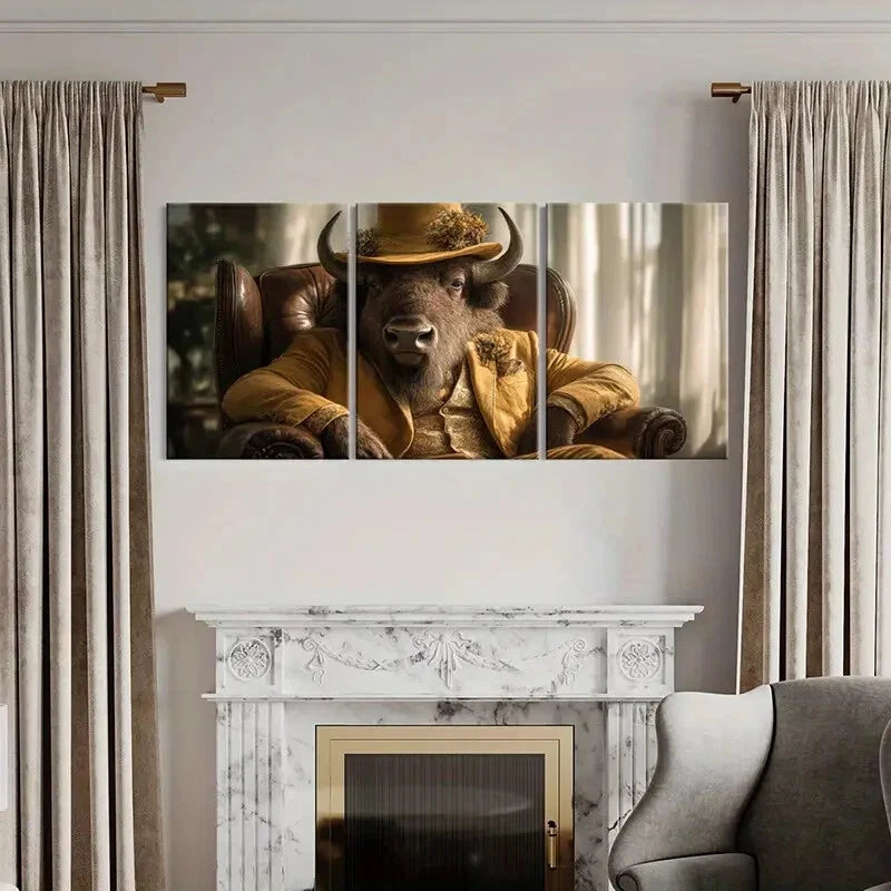 3pcs Elegant Buffalo In Golden Suit Rustic Charm Metal Print Ready to Hang Art
