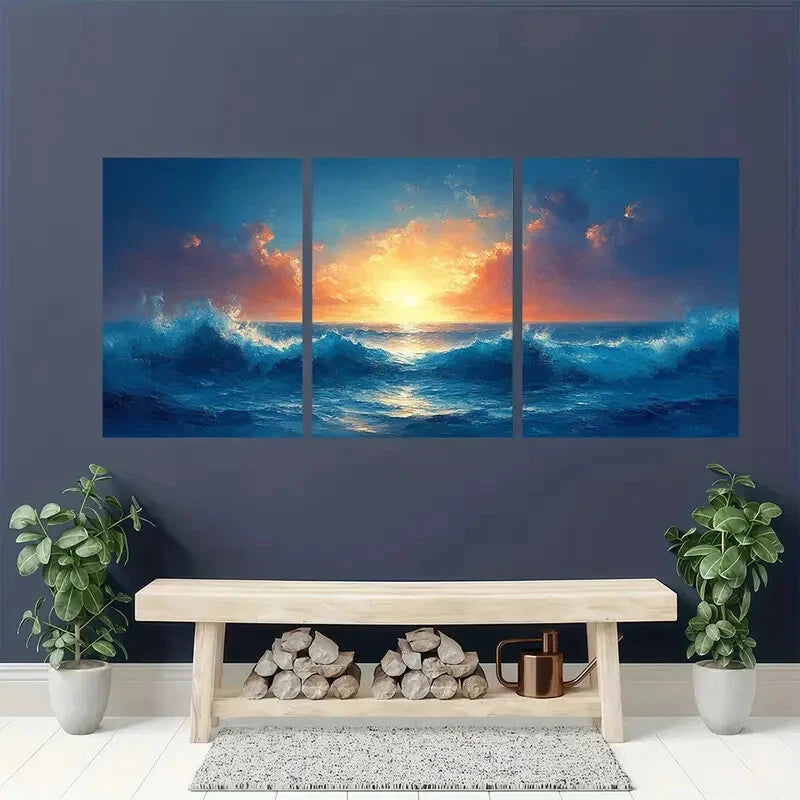 3pcs Abstract Blue Ocean Seascape Oil Paintings Metal Print Ready to Hang Art