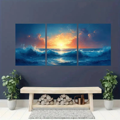 3pcs Abstract Blue Ocean Seascape Oil Paintings Metal Print Ready to Hang Art