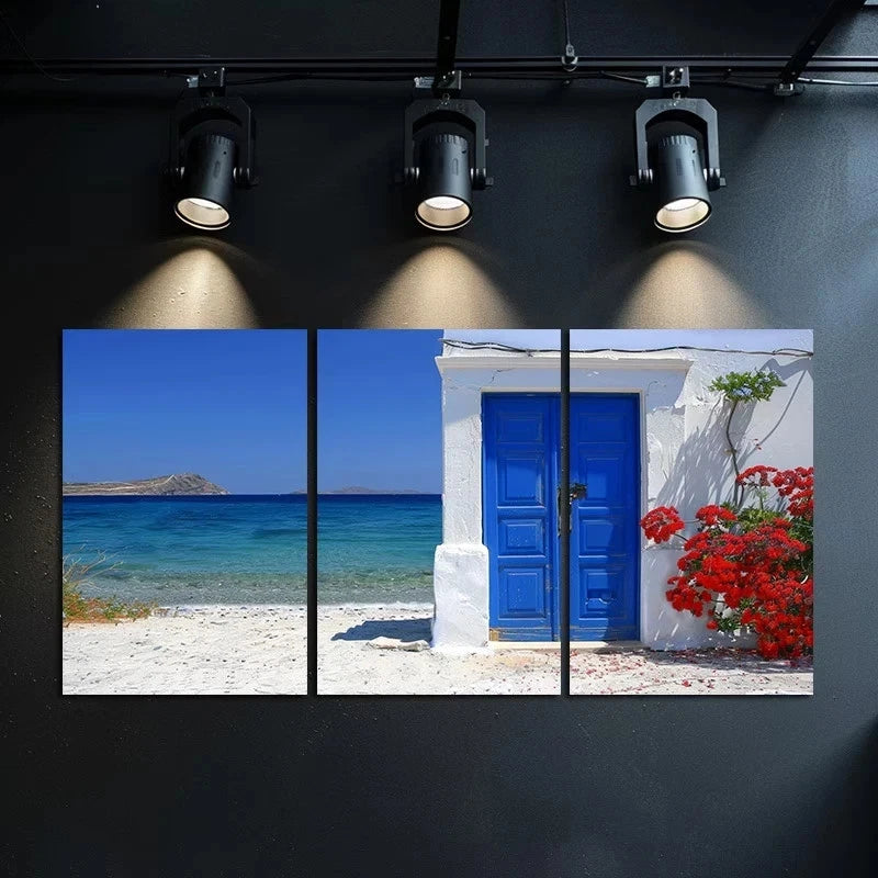 3pcs Greek Beach Scene with Blue Door and Floral Metal Print Ready to Hang Art