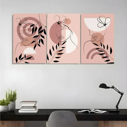 3pcs Abstract Women Portrait with Floral Element Metal Print Ready to Hang Art